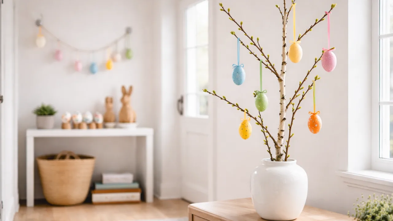 Osterdeko für den Flur mit Zweigen, Vase und bunten Ostereiern in hellem Eingangsbereich