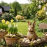 Osterdeko im Garten mit großem Hasen, bepflanzten Töpfen und bunten Ostereiern im Frühlingsgarten