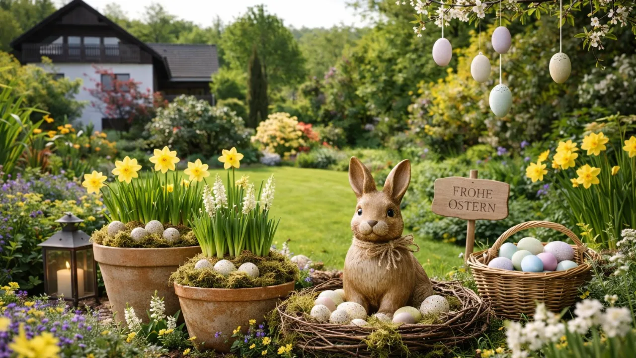 Osterdeko im Garten mit großem Hasen, bepflanzten Töpfen und bunten Ostereiern im Frühlingsgarten