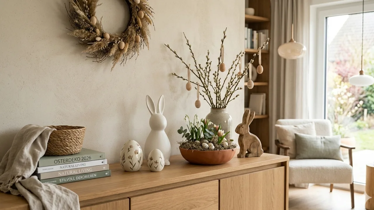 Moderne Osterdeko 2026 auf einem Eichen-Sideboard im Organic-Modern-Stil mit minimalistischen Keramikhasen, Weidenkätzchen und Naturmaterialien wie Moos und Holz.