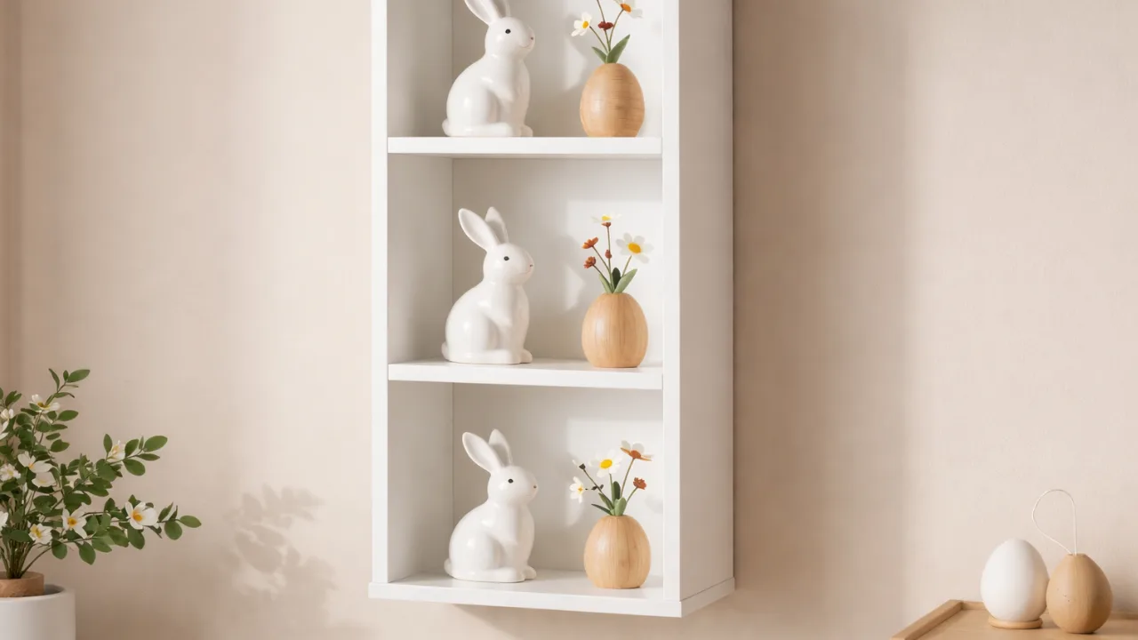 Osterdeko im Wohnzimmer mit weißen Hasenfiguren und Frühlingsblumen im Wandregal