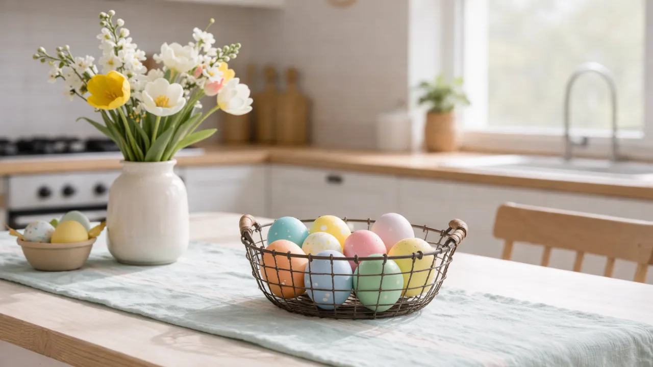 Osterdeko für die Küche mit bunten Ostereiern im Korb und Frühlingsblumen auf dem Küchentisch
