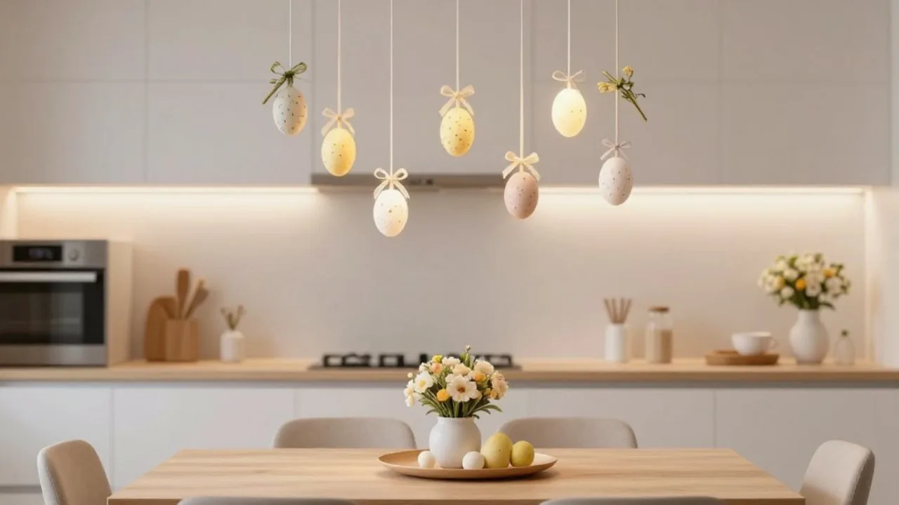 Moderne Osterdeko für eine offene Küche mit hängenden Ostereiern über dem Esstisch