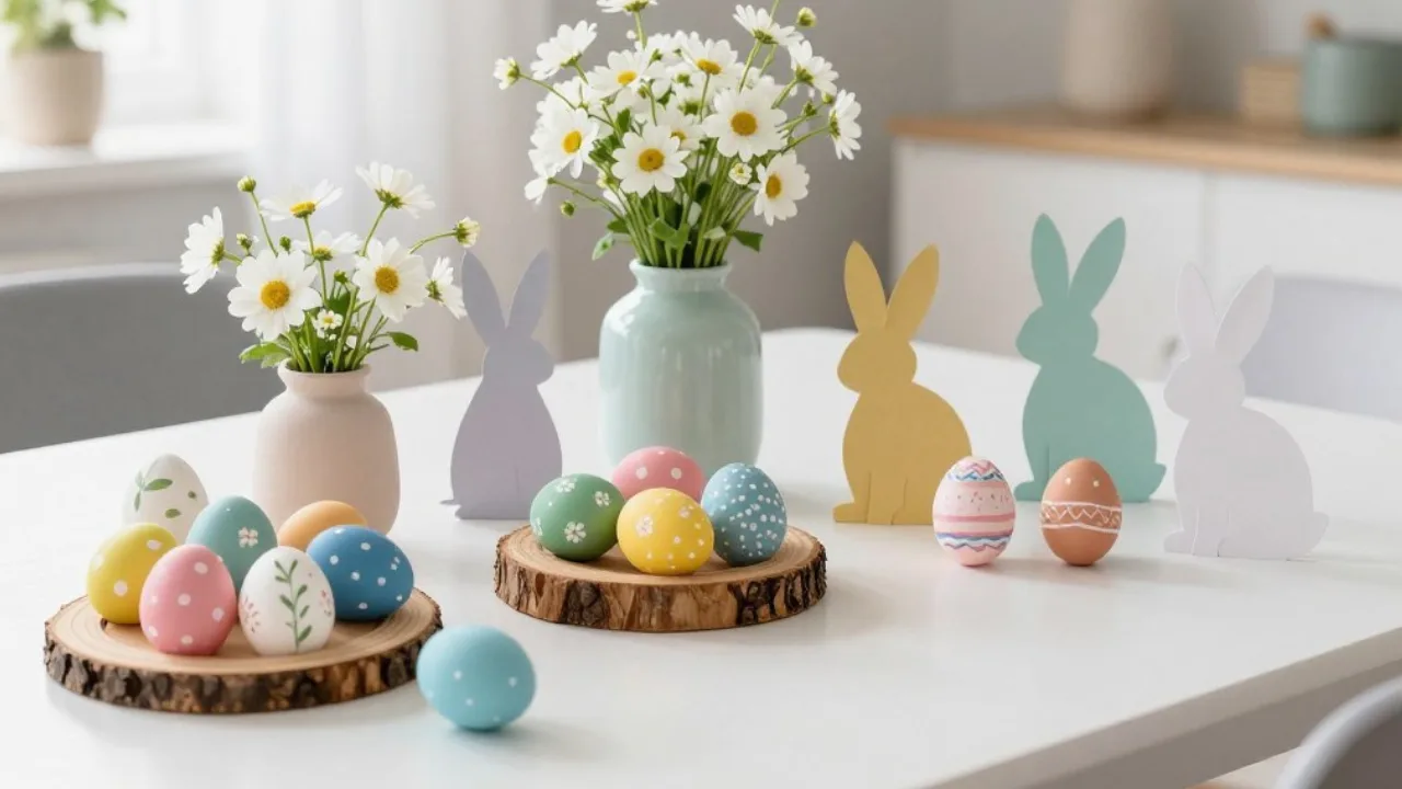 Osterdeko für die Wohnung mit bemalten Eiern, Holzscheiben, Vasen mit weißen Blumen und Hasenfiguren in Pastellfarben auf hellem Tisch