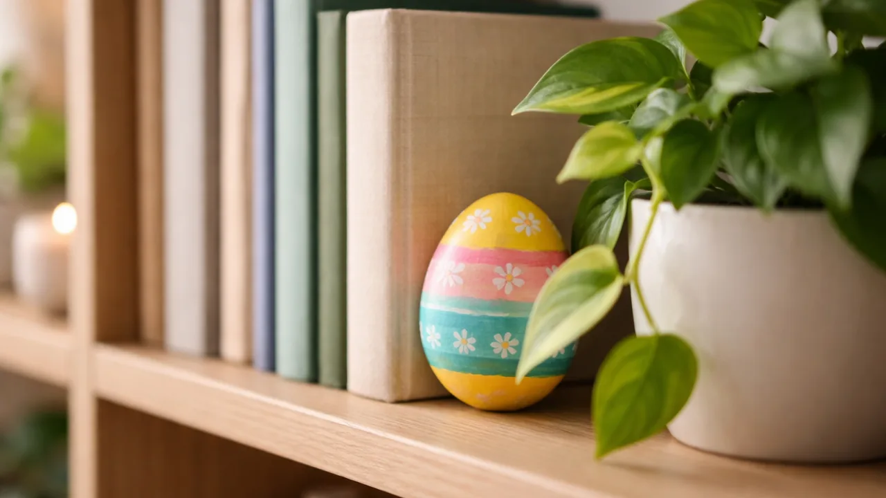 Osterei im Regal versteckt zwischen Büchern und Zimmerpflanze – Ostereierverstecke in der Wohnung entdecken