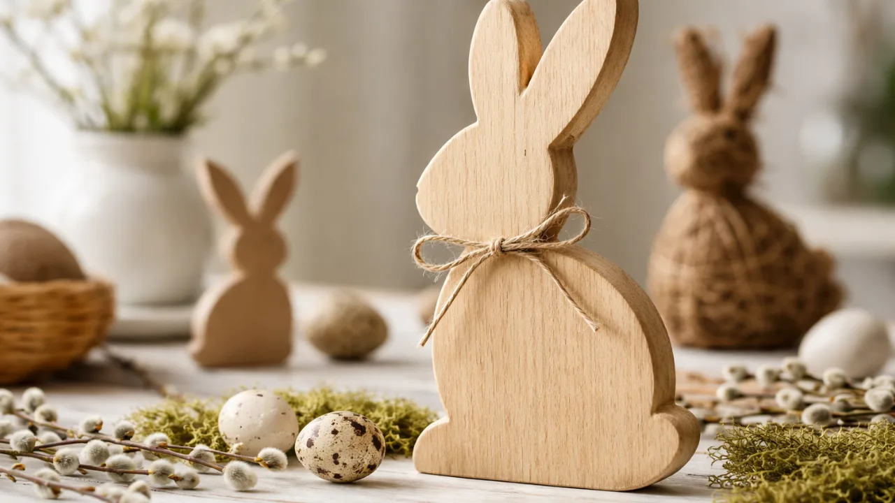 Osterhasen basteln aus Holz und Naturmaterialien, einfache DIY Osterdeko Idee für Zuhause