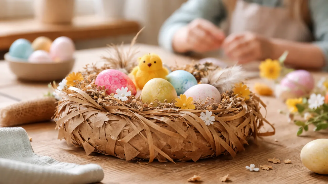 Osternest basteln mit Kindern, DIY Nest aus Papier, Eier und Frühlingsdeko auf Holztisch