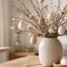 Osterstrauch Deko mit Naturmaterialien, Eiern und Zweigen stilvoll dekoriert im Wohnzimmer