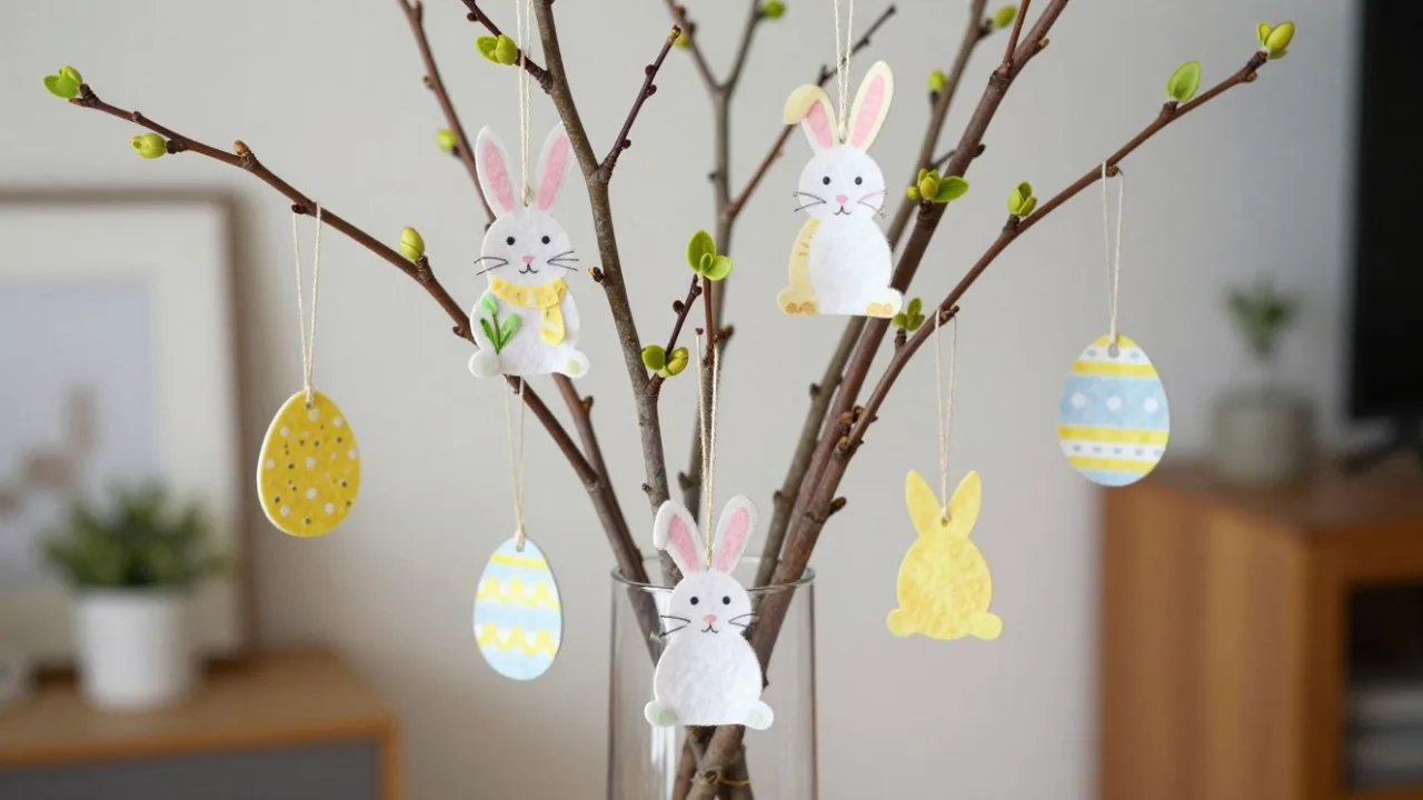 Osterdeko schnell gemacht mit dekorierten Zweigen, Hasenanhängern und bunten Ostereiern in Vase