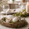 Tischdeko zu Ostern mit Eiern, Moos und Zweigen auf hellem Esstisch im natürlichen Stil