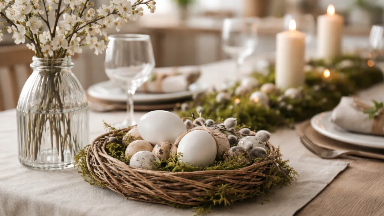 Tischdeko zu Ostern mit Eiern, Moos und Zweigen auf hellem Esstisch im natürlichen Stil