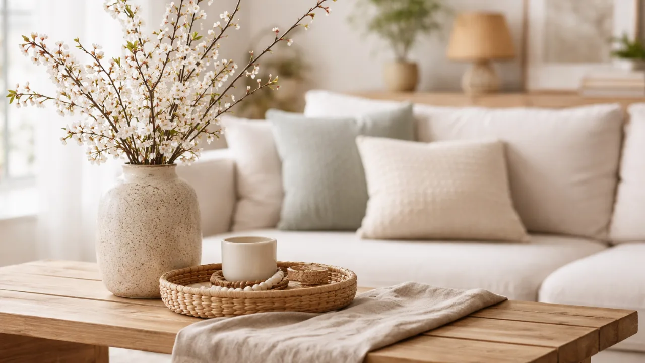 Moderne Frühlingsdeko im Wohnzimmer mit Vase, Kirschblütenzweigen und hellem Couchtisch im natürlichen Wohnstil