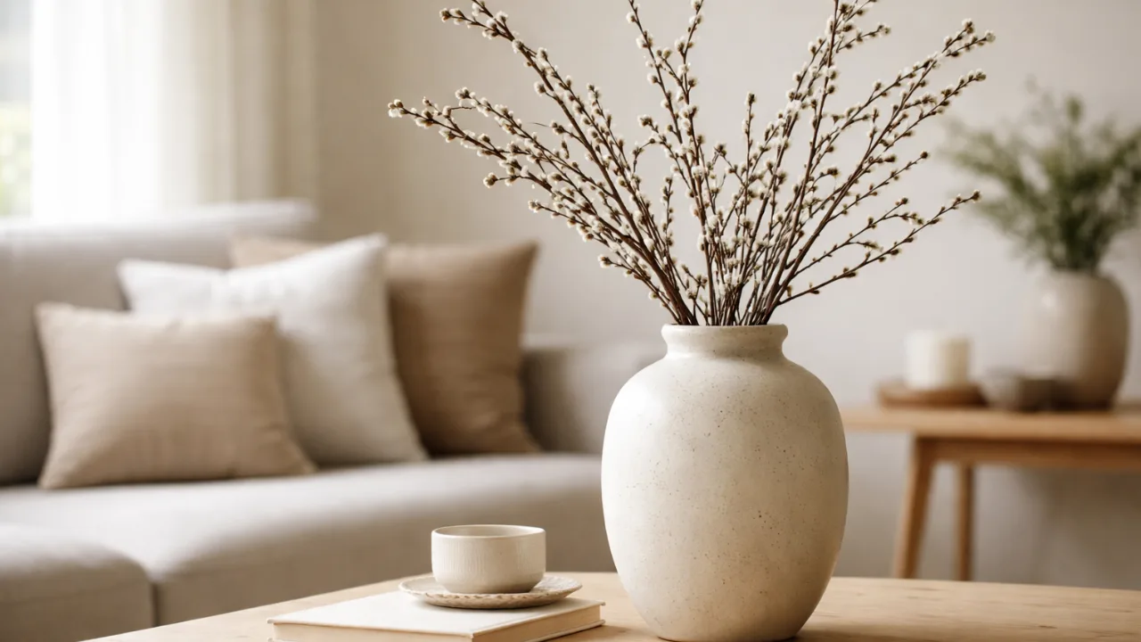 Zweige Deko in Vase auf Holztisch im Wohnzimmer, minimalistisch und modern dekoriert