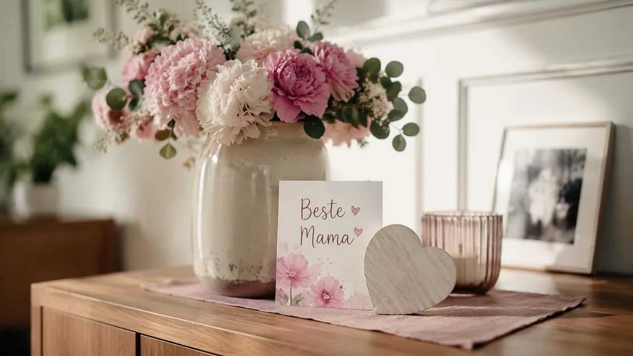 Muttertagsdeko Sideboard mit Blumen, Kerze und persönlicher Karte in warmem Licht