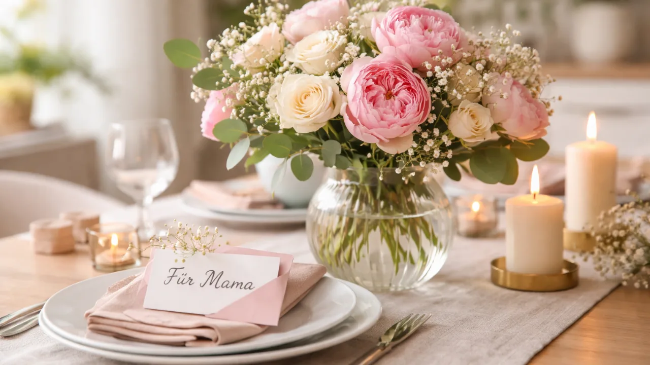 Muttertag Tischdeko mit Blumenstrauß, Kerzen und persönlicher Karte auf gedecktem Tisch