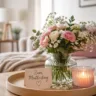 Muttertagsdeko Couchtisch mit Blumen, Kerzen und persönlicher Karte im Wohnzimmer