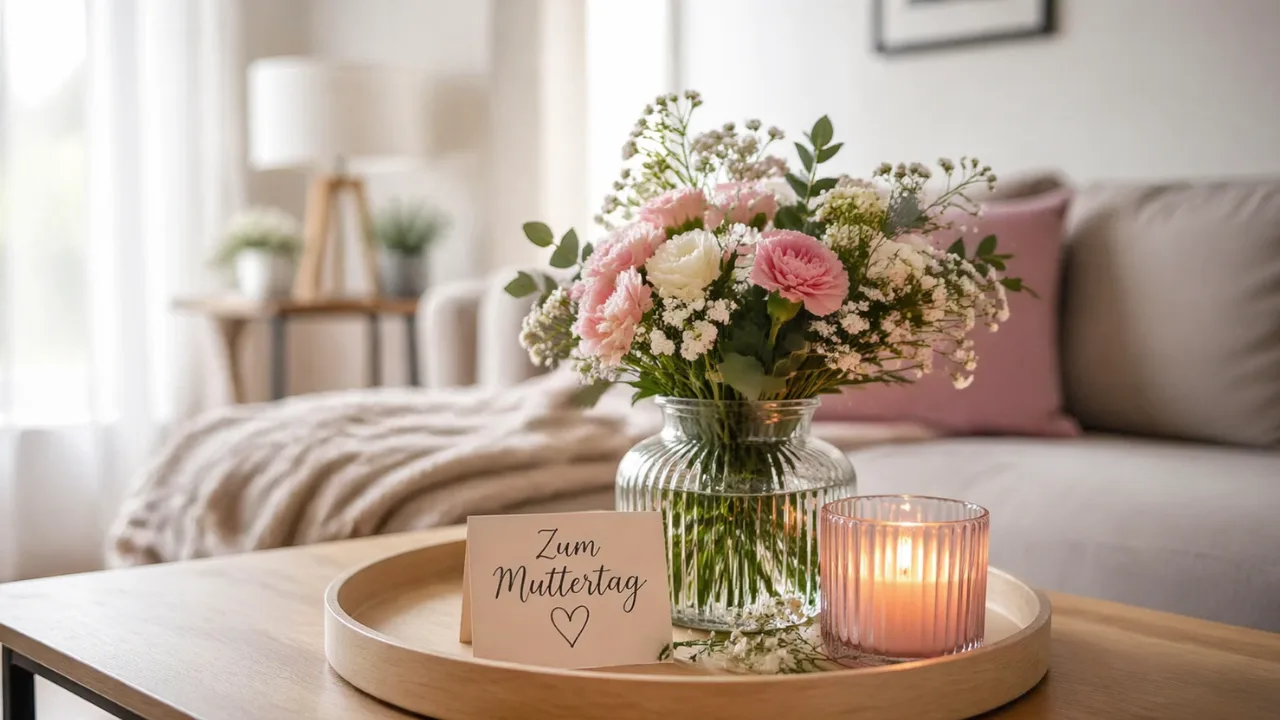 Muttertagsdeko Couchtisch mit Blumen, Kerzen und persönlicher Karte im Wohnzimmer