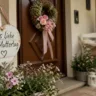 Muttertagsdeko am Hauseingang mit Türkranz, Blumen und Sitzbank in natürlicher Gestaltung