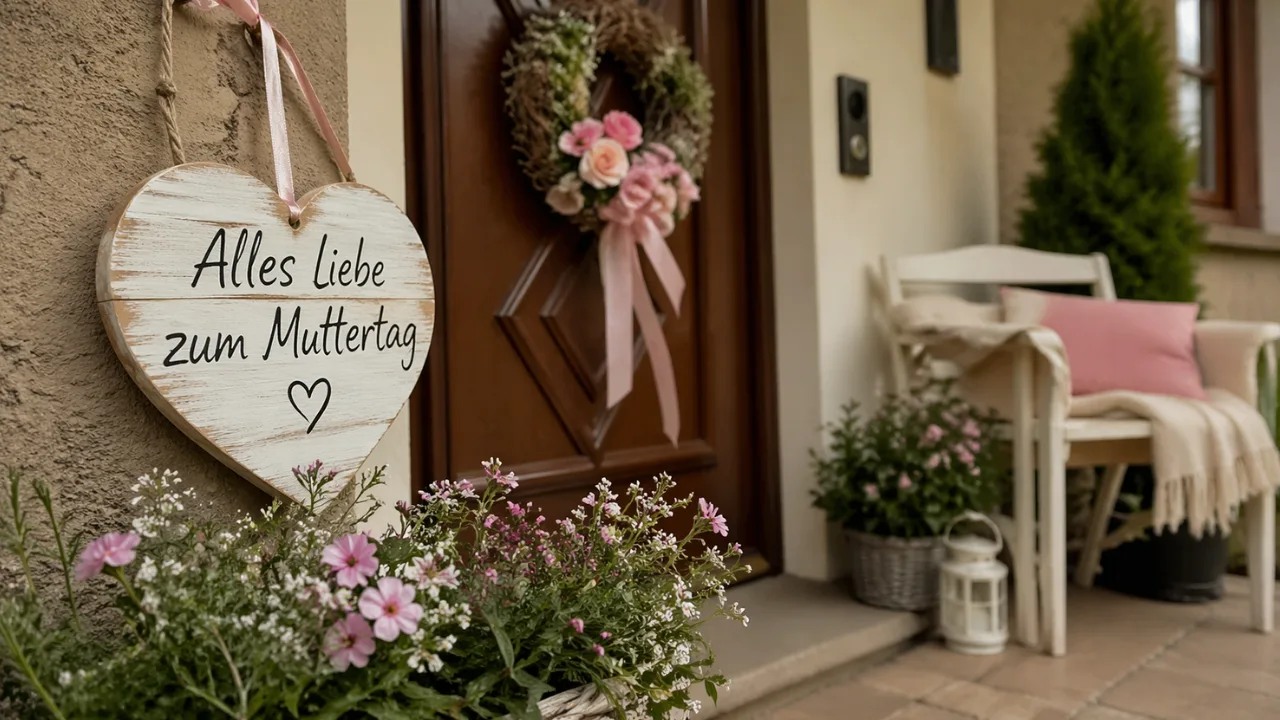 Muttertagsdeko am Hauseingang mit Türkranz, Blumen und Sitzbank in natürlicher Gestaltung