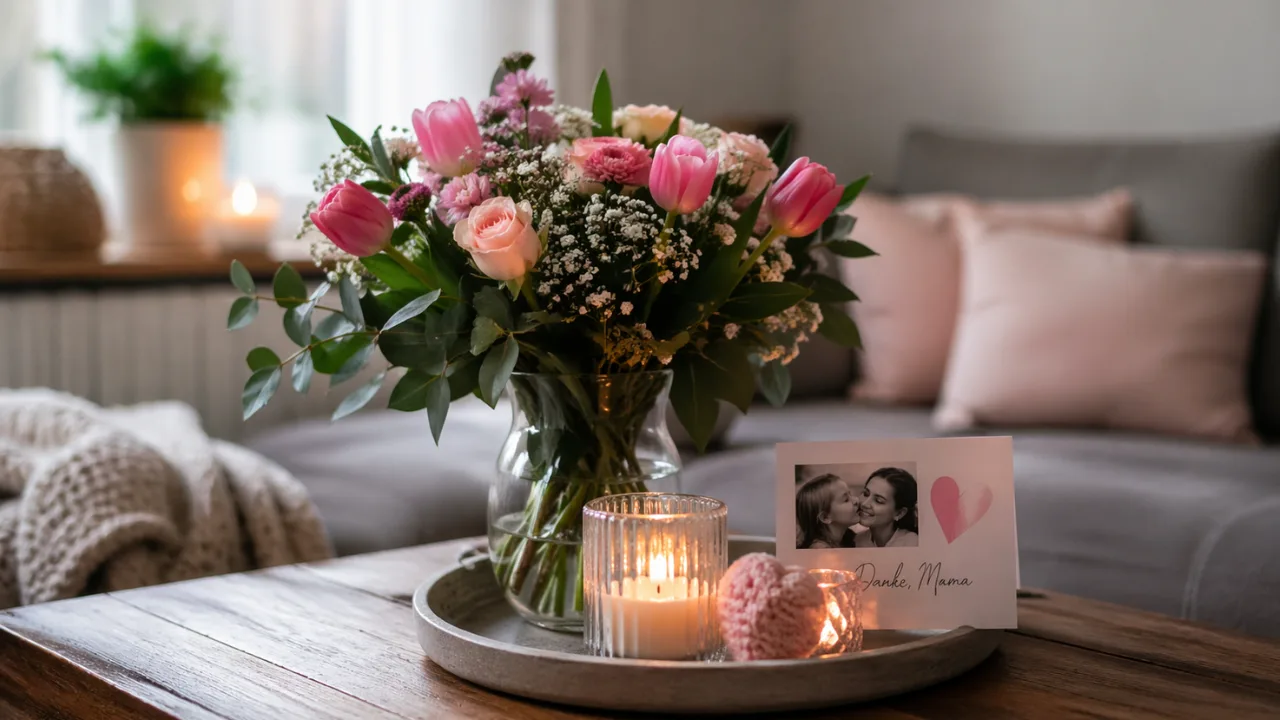 Muttertag Wohnzimmer Deko mit Blumen, Kerzen und persönlicher Tischgestaltung gemütlich inszeniert