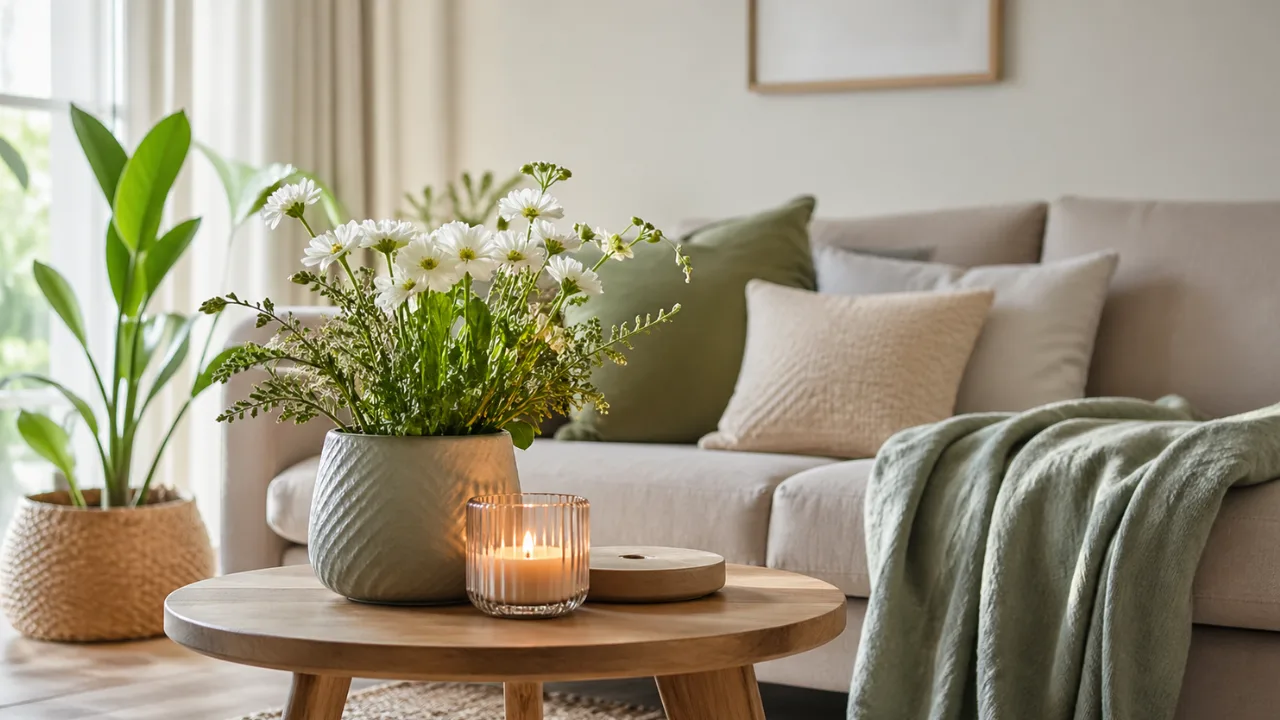 Wohnzimmerdeko im Mai mit Pflanzen, hellen Textilien und natürlichem Licht
