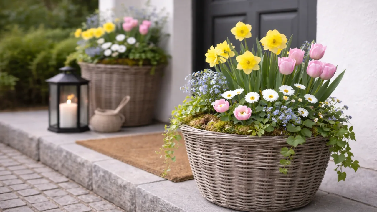 Haustür Deko im April mit Pflanzkübel, Tulpen, Narzissen und Frühlingsblumen vor Eingangstür