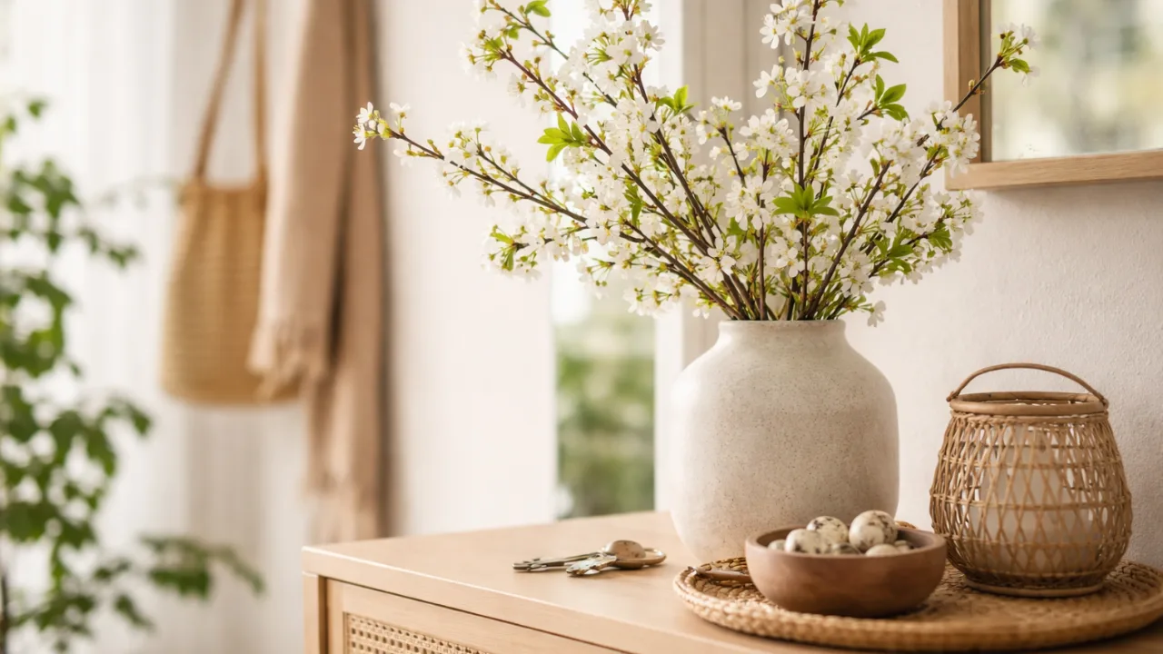 Flur Deko im April mit Vase, Frühlingsblumen und heller, natürlicher Einrichtung im Eingangsbereich