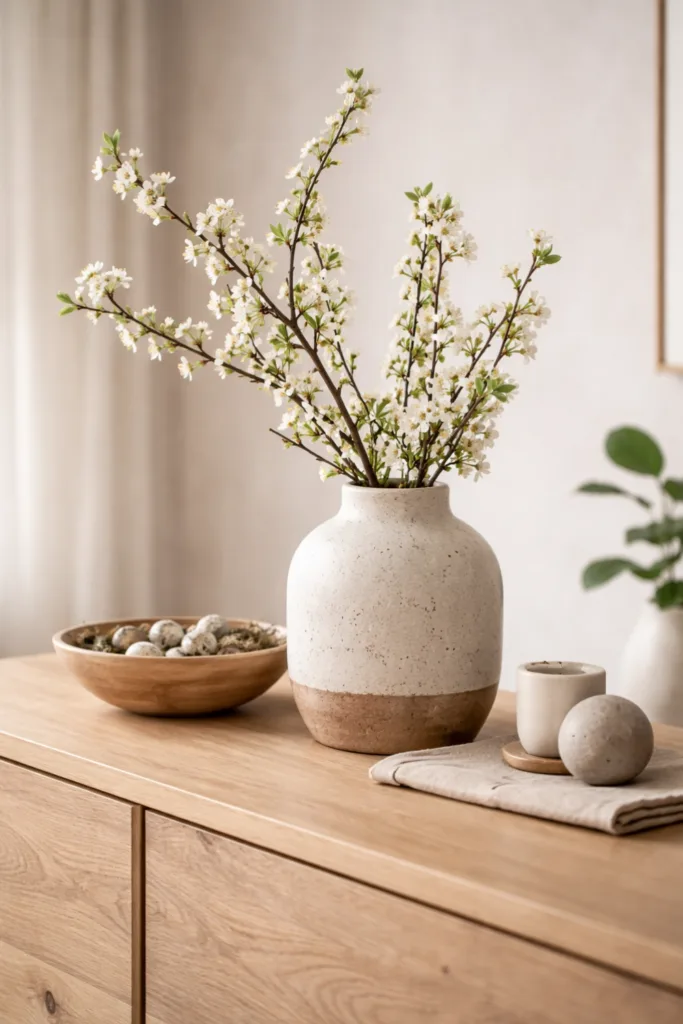 Sideboard Deko im April mit Vase, Blütenzweigen und natürlichen Materialien wie Holz und Keramik