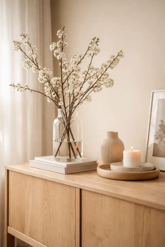 Sideboard Deko im April mit Vase, Zweigen und Höhenstaffelung für mehr Tiefe