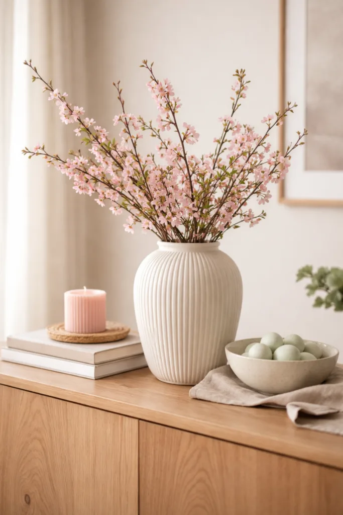 Sideboard Deko im April mit Vase, Blütenzweigen und harmonischem Farbkonzept
