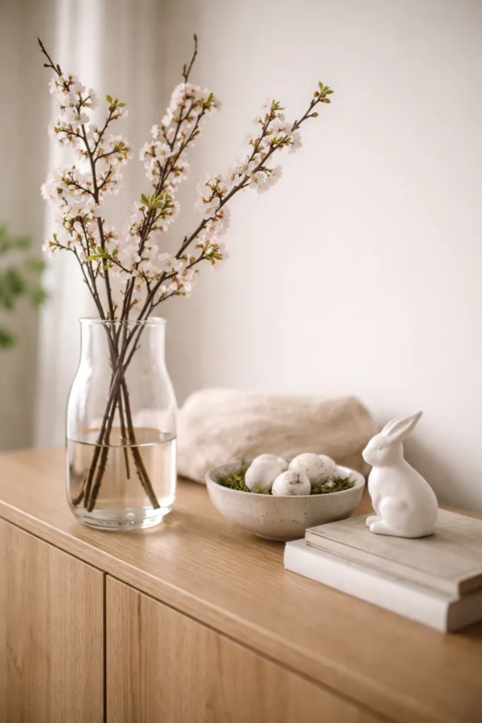 Sideboard Deko im April mit Vase, Blütenzweigen und schlichter Osterdeko im natürlichen Stil