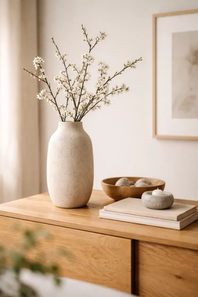 Sideboard Deko im April mit Vase, Zweigen und reduzierter Frühlingsgestaltung