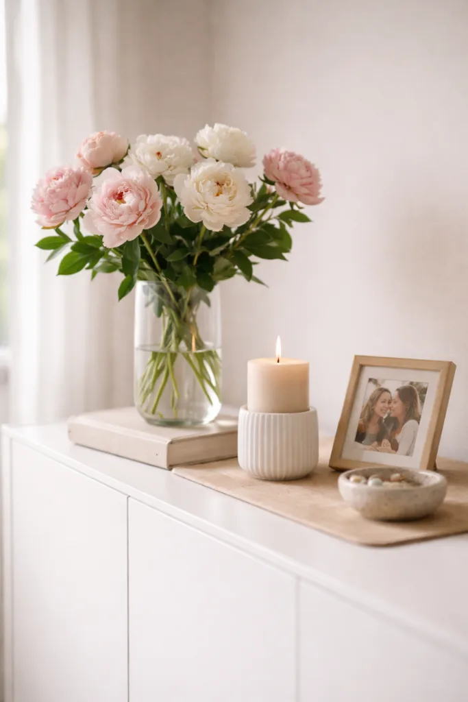 Muttertagsdeko Sideboard mit Höhenunterschieden, Vase Blumen, Kerze und Foto stilvoll arrangiert