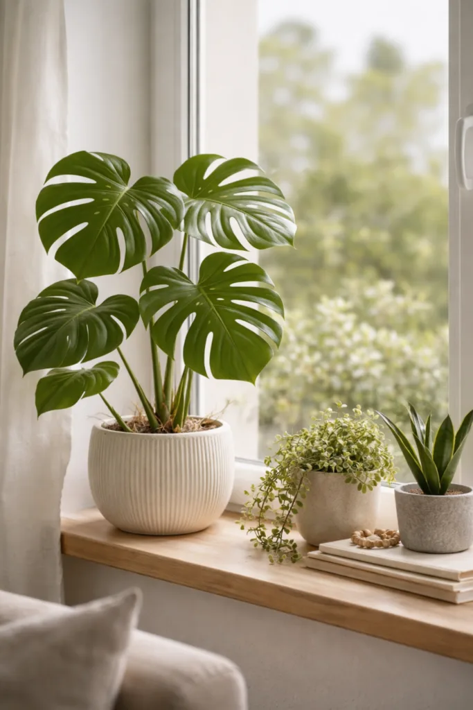 Fensterdeko für große Fenster – 5 frische Ideen für dein Zuhause Muttertagsdeko großes Fenster mit Pflanzenarrangement, Monstera und Fensterbank Dekoration im Tageslicht