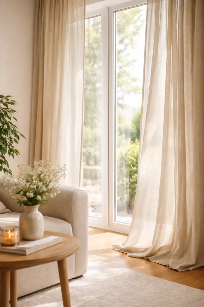 Fensterdeko für große Fenster – 5 frische Ideen für dein Zuhause Vorhänge und Stoffe als weiche Rahmung bei großem Fenster mit hellem Tageslicht und natürlicher Fensterdeko