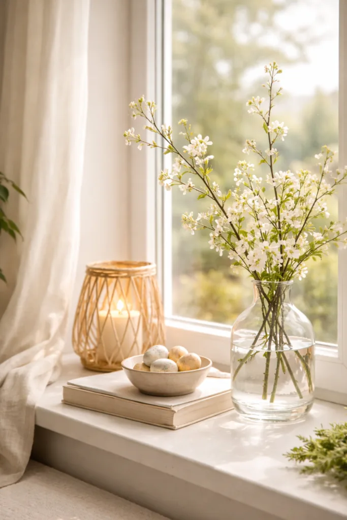 Fensterdeko für große Fenster – 5 frische Ideen für dein Zuhause Fensterdeko große Fenster mit saisonaler Deko Vase Blumen Kerze natürliche Materialien