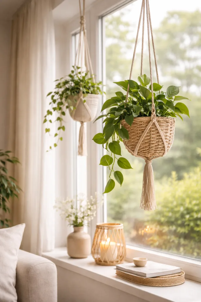 Fensterdeko für große Fenster – 5 frische Ideen für dein Zuhause Hängende Elemente große Fenster Pflanzen Makramee Fensterdeko modern natürlich Licht
