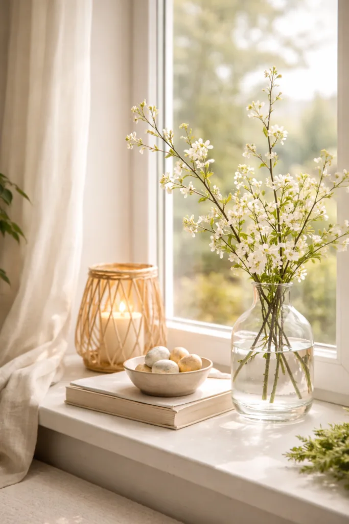 Fensterdeko für große Fenster – 5 frische Ideen für dein Zuhause Saisonale Fensterdeko großes Fenster mit Vase, Zweigen und natürlicher Frühlingsdeko