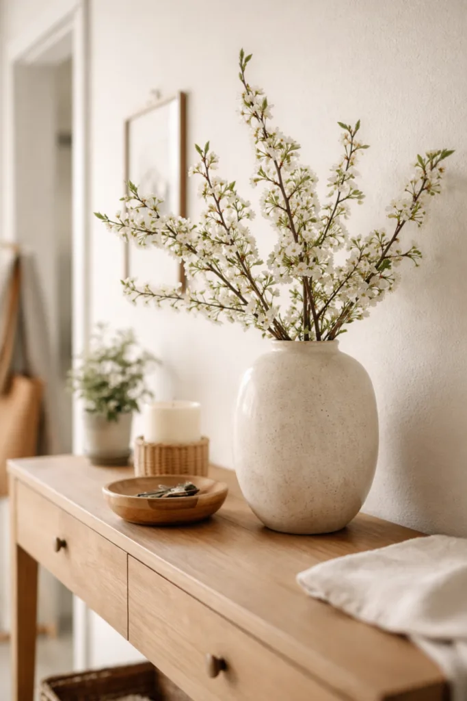 Flur Deko im April mit Vase, Holzkonsole und frischen Zweigen in natürlicher Gestaltung