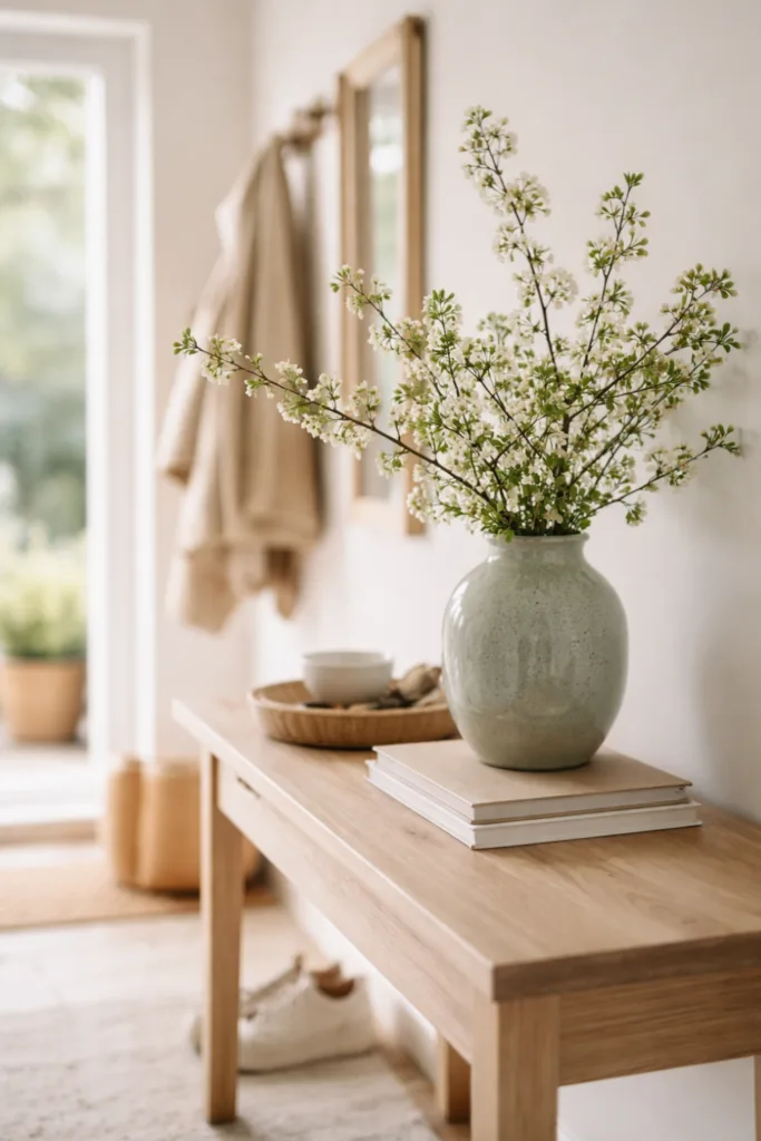 Flur Deko im April mit hellen Farben, Vase mit Zweigen auf Holzkonsole im Eingangsbereich