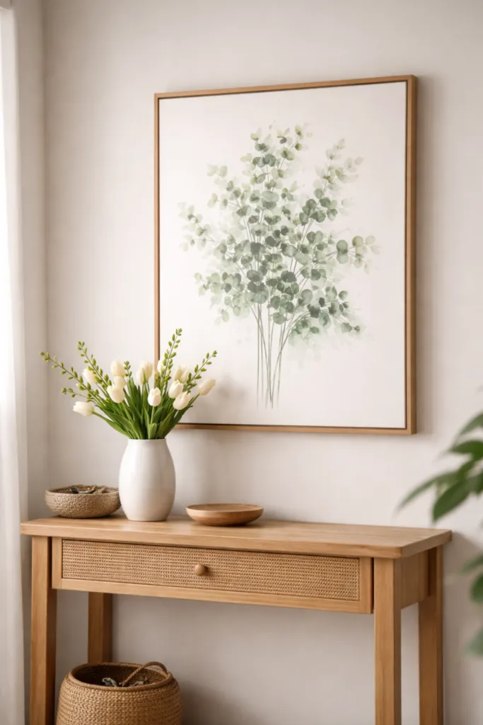 Flur Deko im April mit großem Wandbild, heller Konsole und minimaler Frühlingsdeko