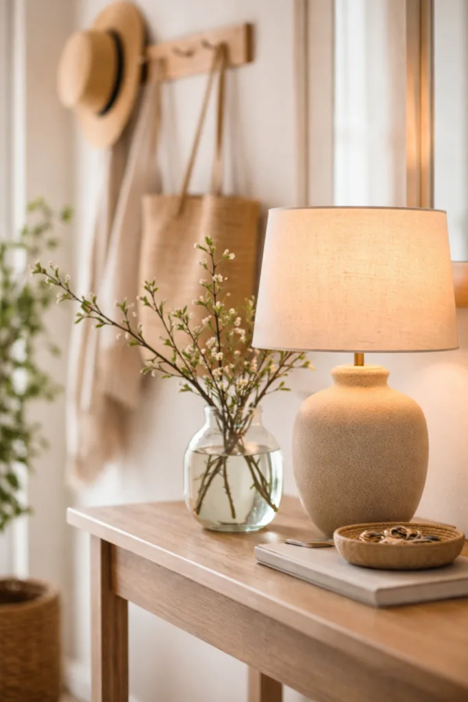 Flur Deko im April mit warmer Tischlampe, Vase und natürlichem Licht im Eingangsbereich