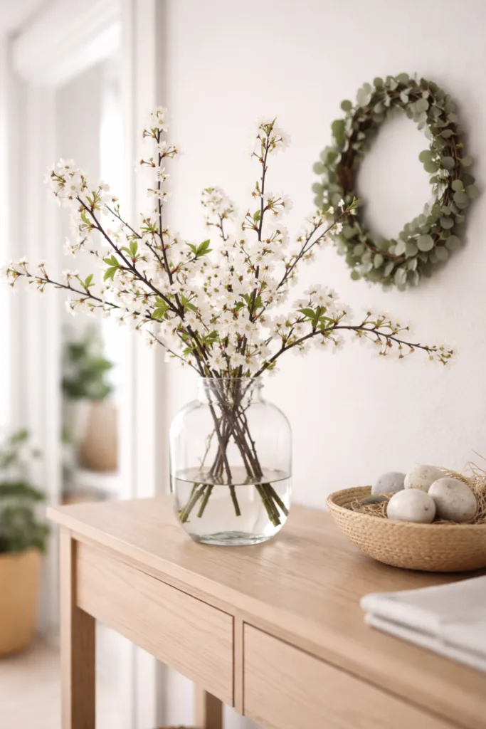 Flur Deko im April mit Vase, Zweigen und dezenter Frühlingsdeko auf Holzkonsole