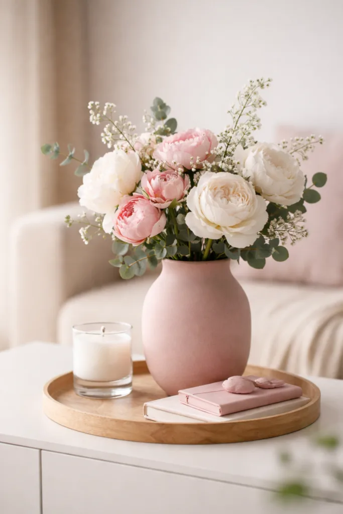 Muttertagsdeko Sideboard mit rosé Vase, Blumen und ruhigem Farbkonzept in natürlichen Tönen