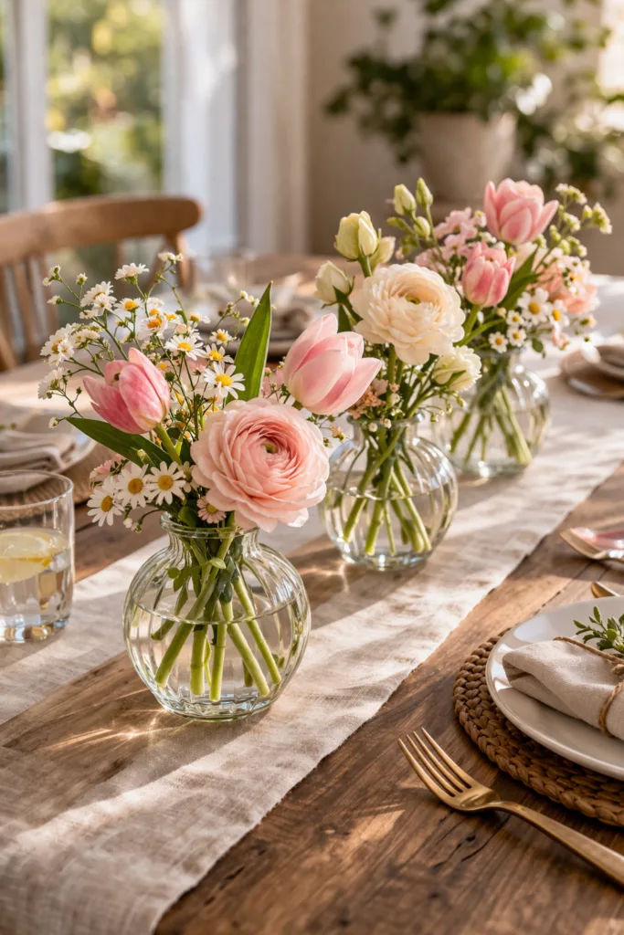 5 wunderschöne Ideen für deine Muttertag-Deko auf dem Esstisch Muttertag Deko Esstisch mit natürlicher Blumendeko, kleinen Vasen und harmonischem Arrangement