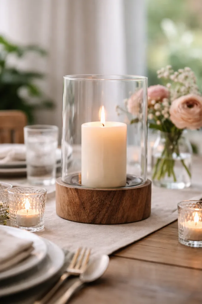 5 wunderschöne Ideen für deine Muttertag-Deko auf dem Esstisch Muttertag Tischdeko Esstisch mit Kerzen, Glaswindlicht und Blumen, warme Lichtstimmung im Fokus
