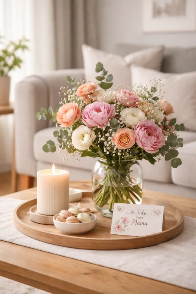 5 liebevolle Dekoideen für dein Wohnzimmer zum Muttertag Muttertag Deko Wohnzimmer mit Blumenstrauß als zentraler Blickfang auf Couchtisch, harmonisch gestaltet