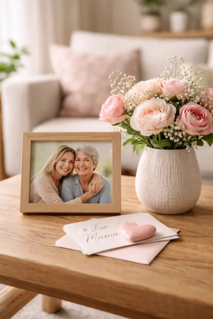 5 liebevolle Dekoideen für dein Wohnzimmer zum Muttertag Muttertag Deko Wohnzimmer mit Foto, Blumen und Karte als persönliche Dekoration auf Couchtisch