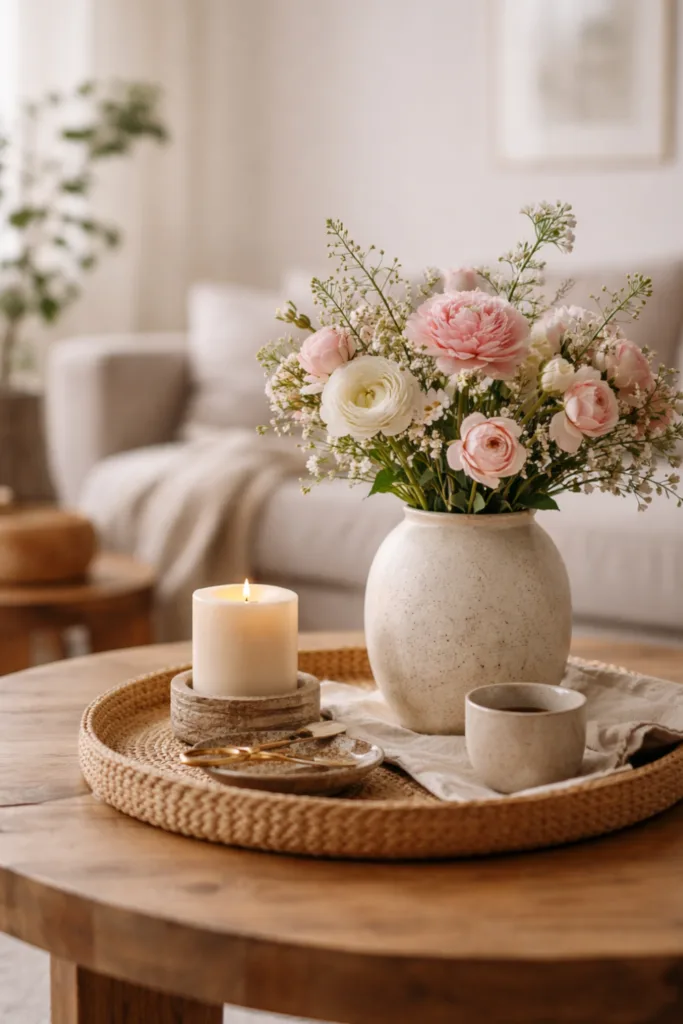 5 liebevolle Dekoideen für dein Wohnzimmer zum Muttertag Muttertag Deko im Wohnzimmer mit Holztablett, Keramikvase, Blumen und Kerze in natürlicher Optik