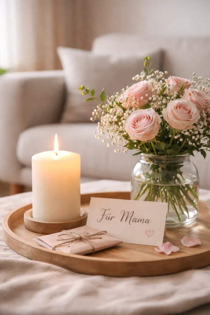5 liebevolle Dekoideen für dein Wohnzimmer zum Muttertag Muttertag Deko im Wohnzimmer mit Kerze, Blumen und warmem Stimmungslicht auf Couchtisch